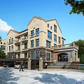Elegant Multi Story Townhouse With Beige Exterior Balconies Arched Windows And Green Trees