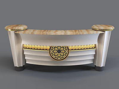 Elegant Curved Reception Desk With Marble Top Golden Accents And Ornate Center Design 3d model