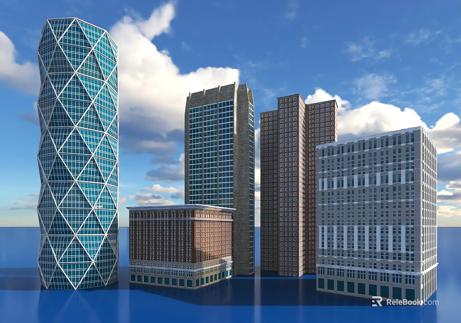 Modern High Rise Buildings With Various Architectural Designs Against Blue Sky And Water 3d model 