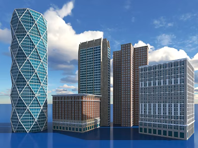 Modern High Rise Buildings With Various Architectural Designs Against Blue Sky And Water 3d model