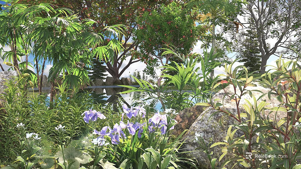 Lush Green Shrubs With Purple Flowers And Leafy Foliage In Natural Garden Setting 3d model 