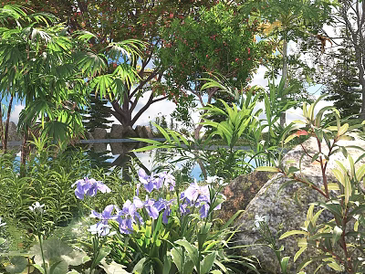Lush Green Shrubs With Purple Flowers And Leafy Foliage In Natural Garden Setting 3d model