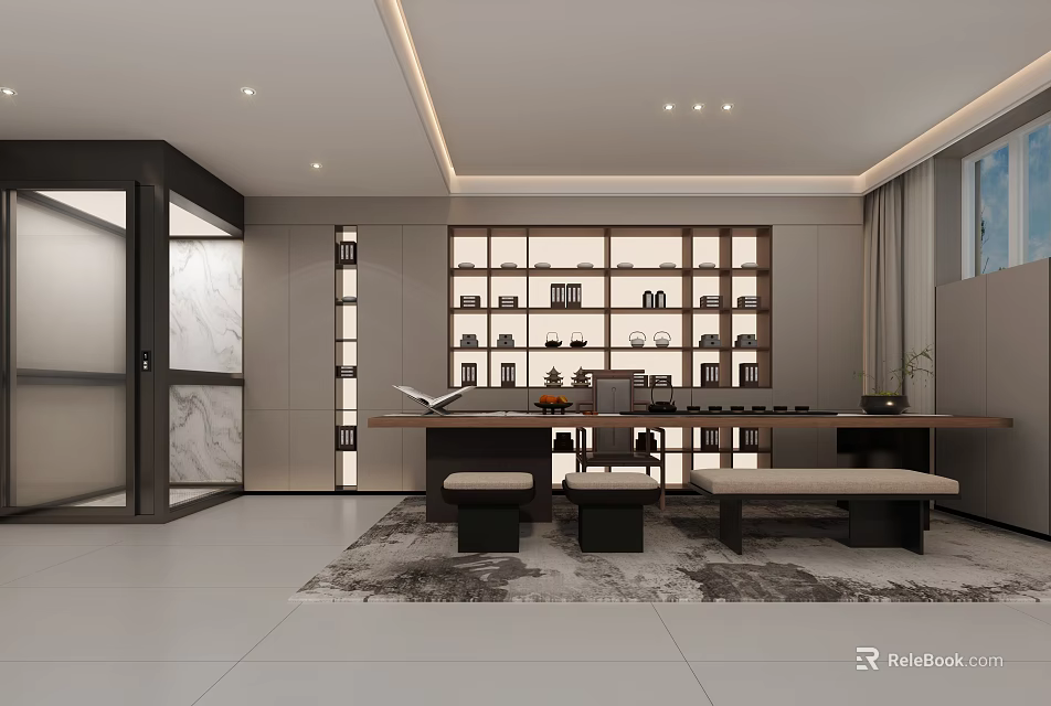 Modern Teahouse Interior Design With Wooden Display Shelves Tables Benches And Decorative Items 3d model 