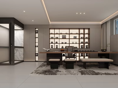 Modern Teahouse Interior Design With Wooden Display Shelves Tables Benches And Decorative Items 3d model