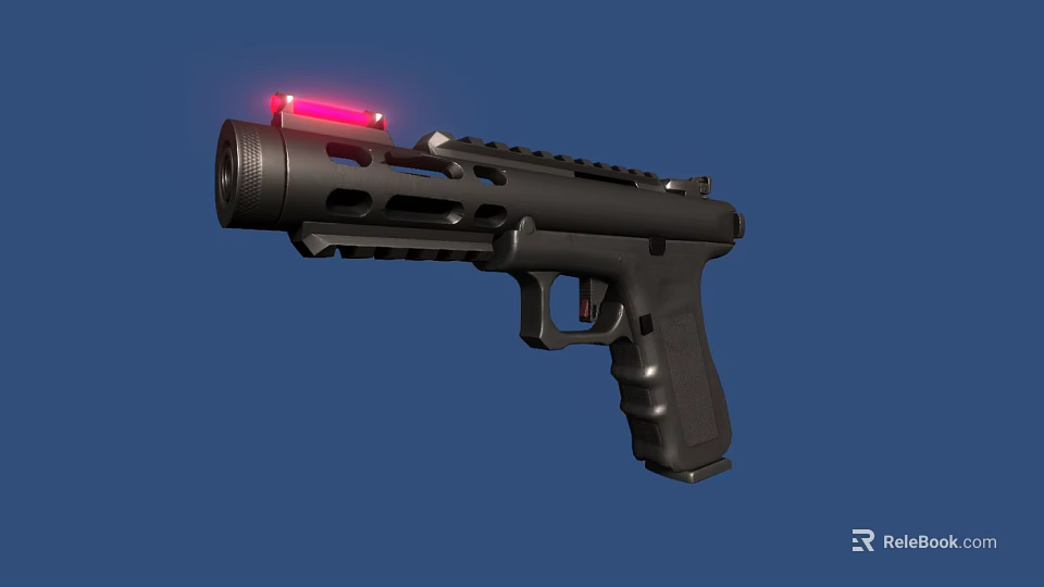 Tactical Black Handgun with Red Light Attachment Ventilated Barrel and Textured Grip on Blue Background 3d model 