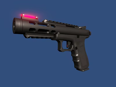 Tactical Black Handgun with Red Light Attachment Ventilated Barrel and Textured Grip on Blue Background 3d model