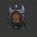 Ornate Wooden Shield With Eye Design Purple Gems And Green Feathers
