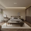 Modern Bedroom Interior Design With Wooden Floor Woven Screen Bed Rug And Plant