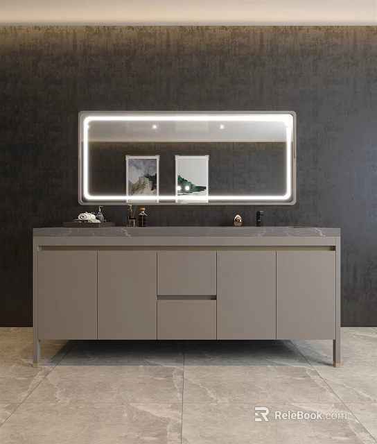 Modern Bathroom Vanity With Backlit Mirror Countertop Cabinets And Decorative Paintings 3d model 