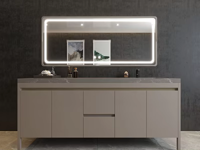 Modern Bathroom Vanity With Backlit Mirror Countertop Cabinets And Decorative Paintings 3d model