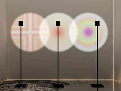 Three Black Floor Lamps With Sleek Stands And Colorful Circular Projections 3d model