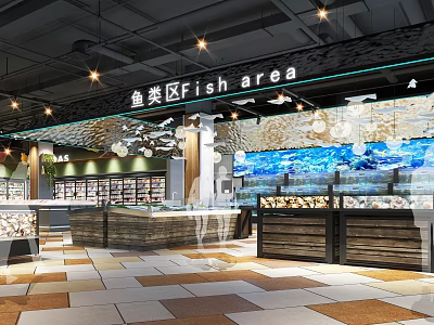 Bright Clean Supermarket Fish Area With Fresh Seafood Display And Refrigerated Counters 3d model
