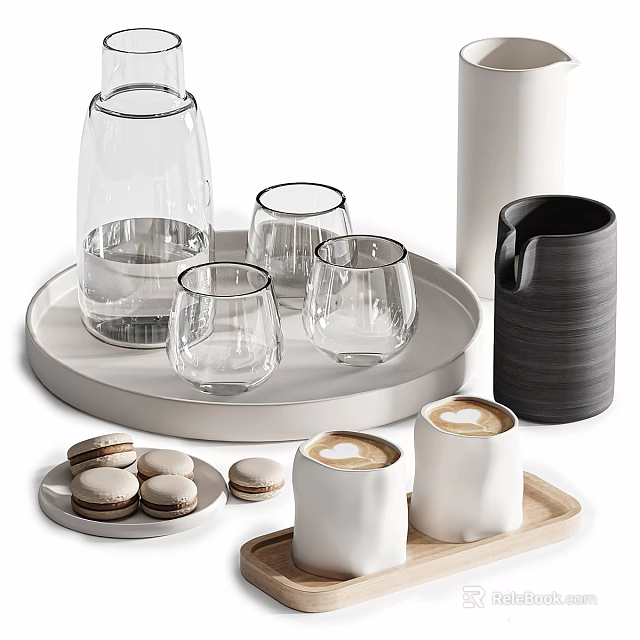 Refreshing Beverages with Glass Pitcher Cups Black Carafe White Coffee Mugs and Macarons on Trays 3d model 