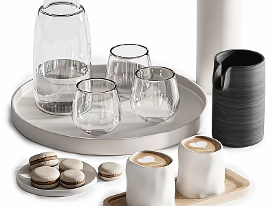 Refreshing Beverages with Glass Pitcher Cups Black Carafe White Coffee Mugs and Macarons on Trays 3d model