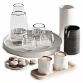 Refreshing Beverages with Glass Pitcher Cups Black Carafe White Coffee Mugs and Macarons on Trays
