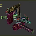 Black Pistol With Red Grip Disassembled Parts Including Magazine And Barrel Detailed Close Up View