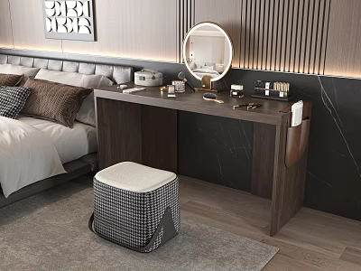 Modern Wooden Dressing Table with Round Mirror Cosmetics and Checkered Stool in Bedroom 3d model