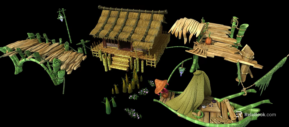 Cartoon Scene Featuring Bamboo Hut With Thatched Roof Bamboo Platforms Mushrooms Flowers And Character 3d model 