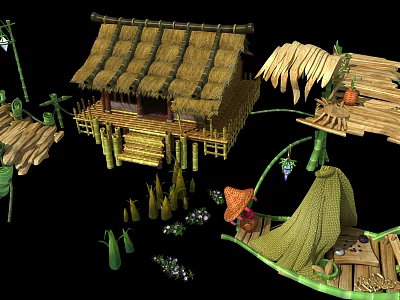 Cartoon Scene Featuring Bamboo Hut With Thatched Roof Bamboo Platforms Mushrooms Flowers And Character 3d model