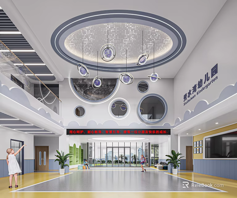 Modern Kindergarten Interior With Spacious Hall And Circular Decor 3d model