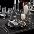 Elegant Dining Table Setting With Wine Glasses Plates Candles And Decorative Branches 3d model