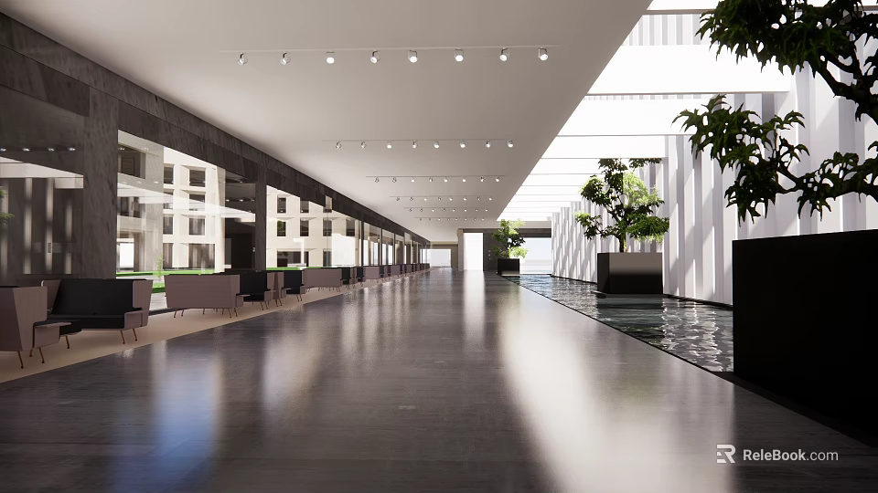 Modern Front Desk Reception In Spacious Lobby With Ceiling Lights Natural Light And Green Plants 3d model 