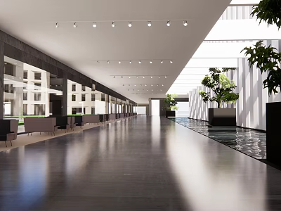 Modern Front Desk Reception In Spacious Lobby With Ceiling Lights Natural Light And Green Plants 3d model