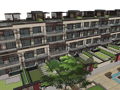 Modern Multi Storey Residential Building With Balconies Greenery Courtyard And Pool Area 3d model