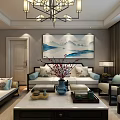 Elegant Dining And Living Room Interior With Gray Cabinets Wooden Flooring And Circular Paintings