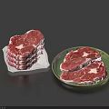 Fresh Raw Steak Cuts on White and Green Ceramic Serving Plates 3d model