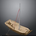 Wooden Model Boat With Open Deck White Mast Red Sail And Brown Hull
