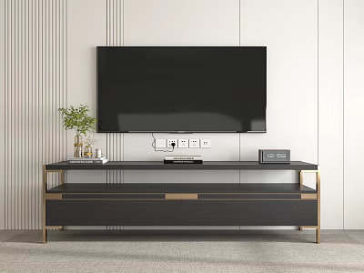 Modern TV Stand With Flat Screen TV Metal Frame Drawers Green Plant And Decorative Items 3d model