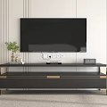 Modern TV Stand With Flat Screen TV Metal Frame Drawers Green Plant And Decorative Items
