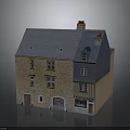 Traditional Building with Gray Roof Red Chimneys Stone Wooden Exterior Arched Doors Windows