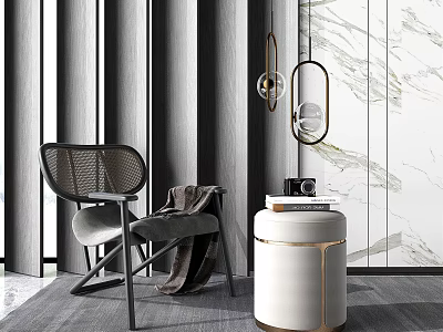 Modern Leisure Chair With Woven Backrest Gray Cushion And Round Side Table In Stylish Interior 3d model
