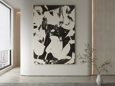 Black And White Abstract Painting With Bold Texture Hanging In Modern Interior With Window Plant 3d model