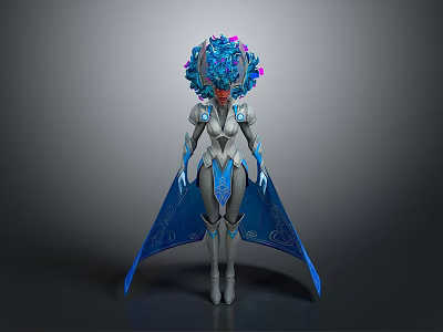 Woman In Decorative Silver Outfit With Elaborate Blue Purple Headdress And Flowing Blue Cape 3d model