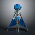 Woman In Decorative Silver Outfit With Elaborate Blue Purple Headdress And Flowing Blue Cape