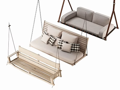 Outdoor Swing Chairs Wooden Frame With Cushions Plaid Pillows And Double Seat Design 3d model