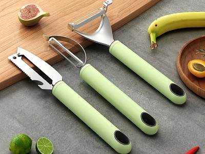 Stainless Steel Kitchen Peelers With Green Handles For Fresh Fruit On Wooden Board 3d model