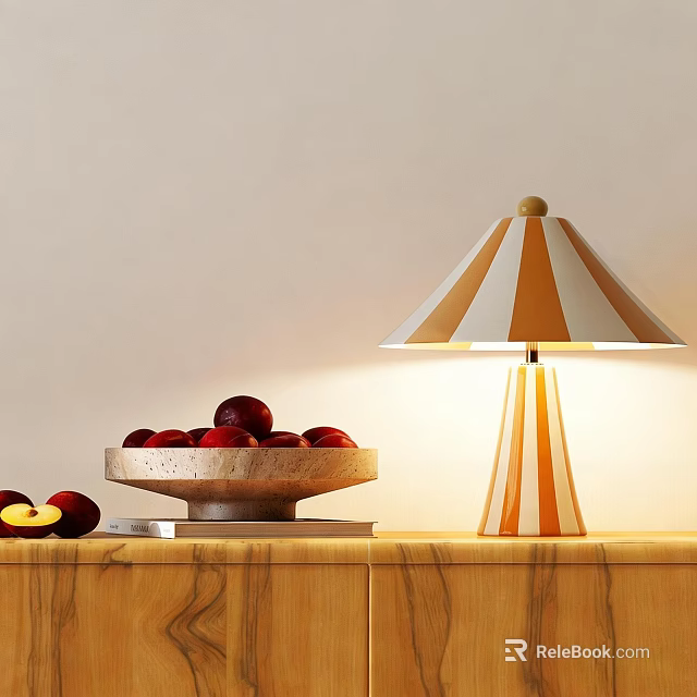 Orange White Striped Table Lamp With Round Shade On Wooden Cabinet Near Red Apples 3d model 