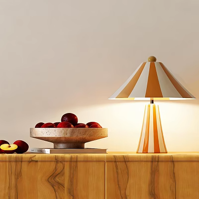Orange White Striped Table Lamp With Round Shade On Wooden Cabinet Near Red Apples 3d model