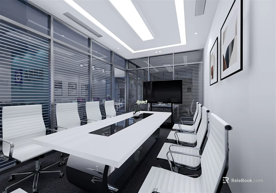 Modern Conference Room Interior With Long Table White Chairs Large Windows And TV 3d model 