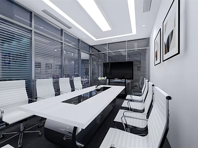 Modern Conference Room Interior With Long Table White Chairs Large Windows And TV 3d model
