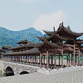 Traditional Chinese Stone Arch Bridge With Pavilions Over Water Featuring Lotus Leaves And Mountain Backdrop
