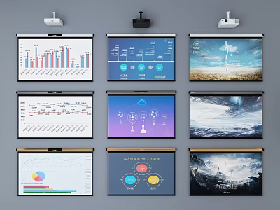 Projection Monitoring System With Multiple Screens Displaying Data Charts And Content 3d model