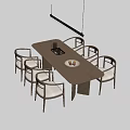 Modern Wooden Rectangular Dining Table With Six Chairs Pendant Light And Fruit Plate 3d model