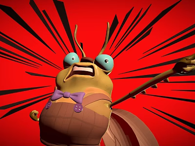 Cartoon Game Character With Big Blue Eyes Purple Bow Tie Brown Overalls Red Background 3d model