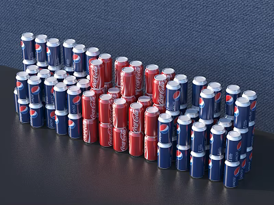 Red And Blue Beverage Cans Arranged On Black Table With Dark Blue Background 3d model