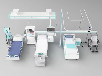 Modern Medical Equipment Collection Featuring Hospital Beds Wheelchairs And Monitoring Devices 3d model
